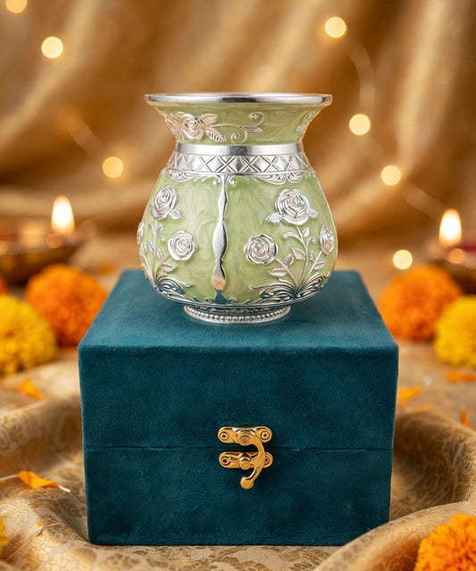 German Silver Green Meenakari Lota / Kalash with Velvet Box