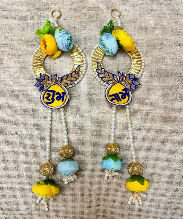 Yellow Blue Rose Shubh Labh Wall Hanging Pair