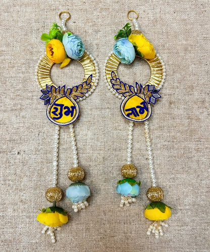 Yellow Blue Rose Shubh Labh Wall Hanging Pair