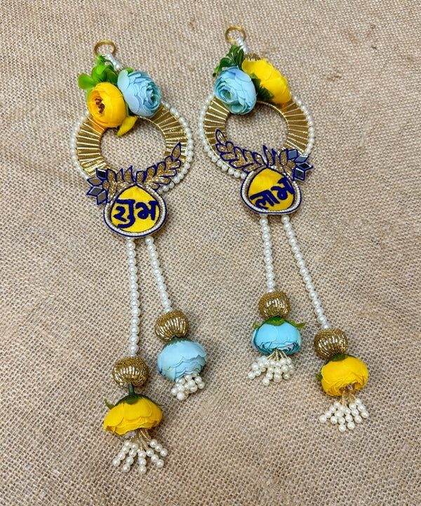 Yellow Blue Rose Shubh Labh Wall Hanging Pair