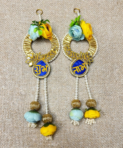Yellow Blue Rose Shubh Labh Wall Hanging Pair